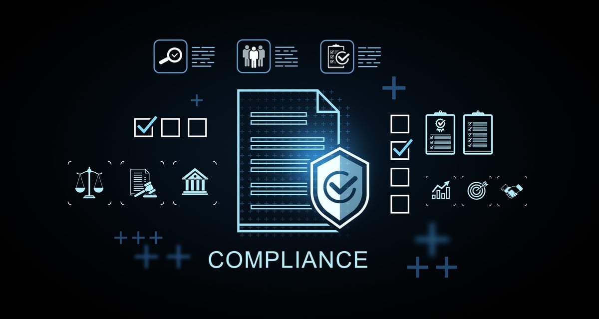 A digital compliance document with a shield icon representing protection and oversight